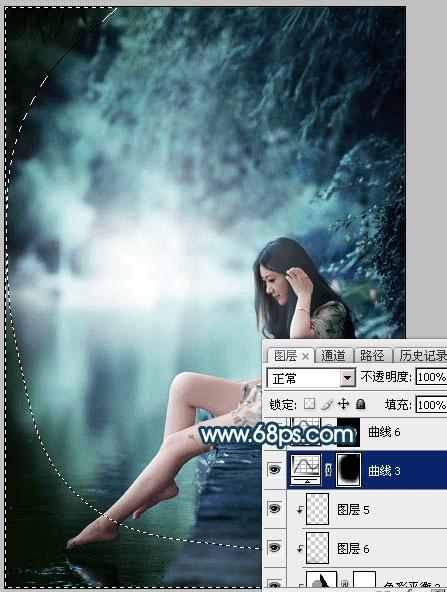 如何在ps中为水景人物图片打造梦幻的暗青色效果?