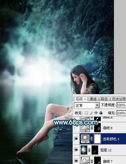 如何在ps中为水景人物图片打造梦幻的暗青色效果?