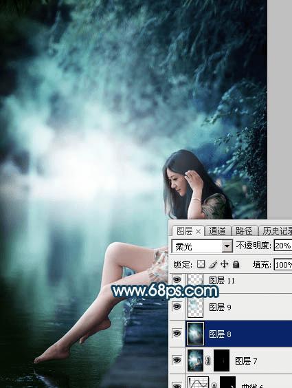 如何在ps中为水景人物图片打造梦幻的暗青色效果?