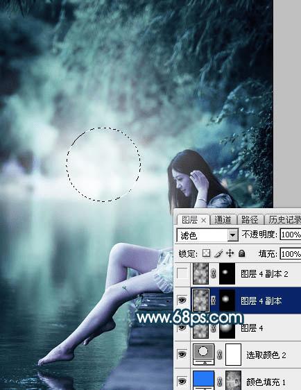 如何在ps中为水景人物图片打造梦幻的暗青色效果?
