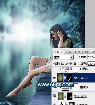 如何在ps中为水景人物图片打造梦幻的暗青色效果?