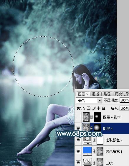 如何在ps中为水景人物图片打造梦幻的暗青色效果?