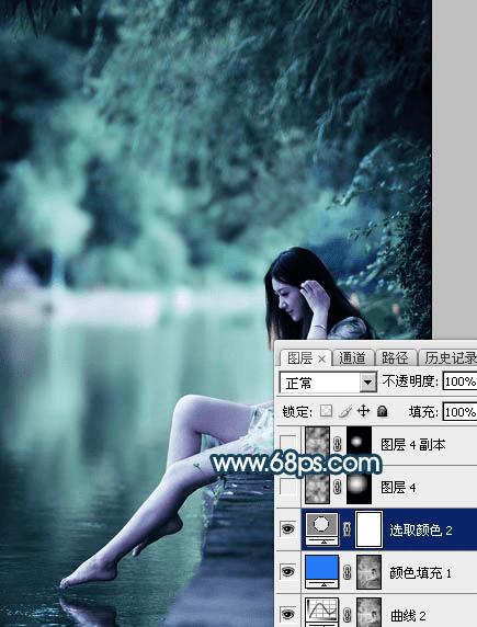 如何在ps中为水景人物图片打造梦幻的暗青色效果?
