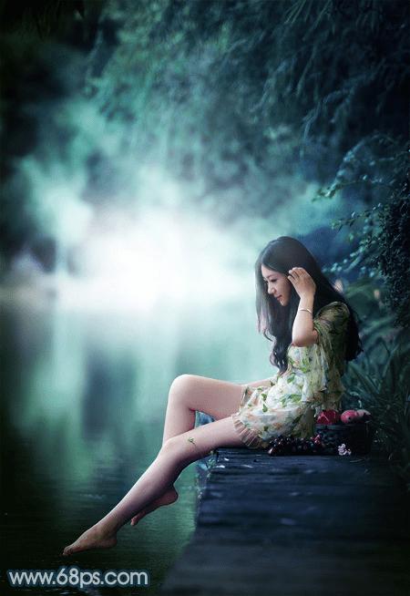 如何在ps中为水景人物图片打造梦幻的暗青色效果?