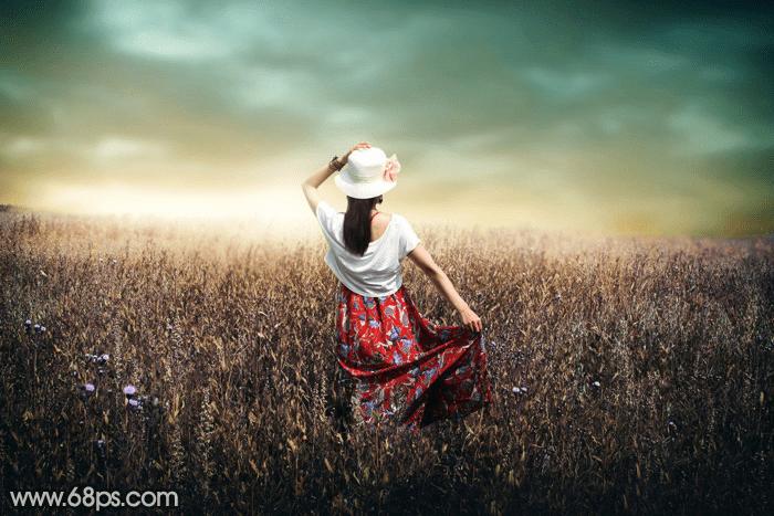 如何在ps中为草原人物图片打造出柔美的黄色?