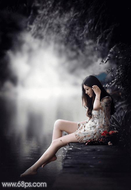 如何在ps中为湖边人物图片加上唯美的中性蓝色效果?