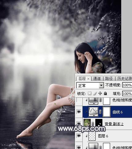 如何在ps中为湖边人物图片加上唯美的中性蓝色效果?