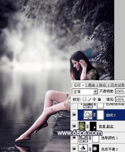 如何在ps中为湖边人物图片加上唯美的中性蓝色效果?