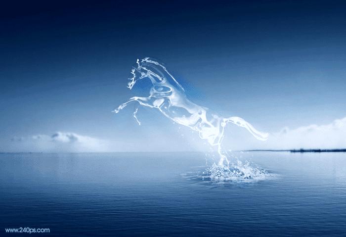 如何在ps中制作从水底腾出透明水马?